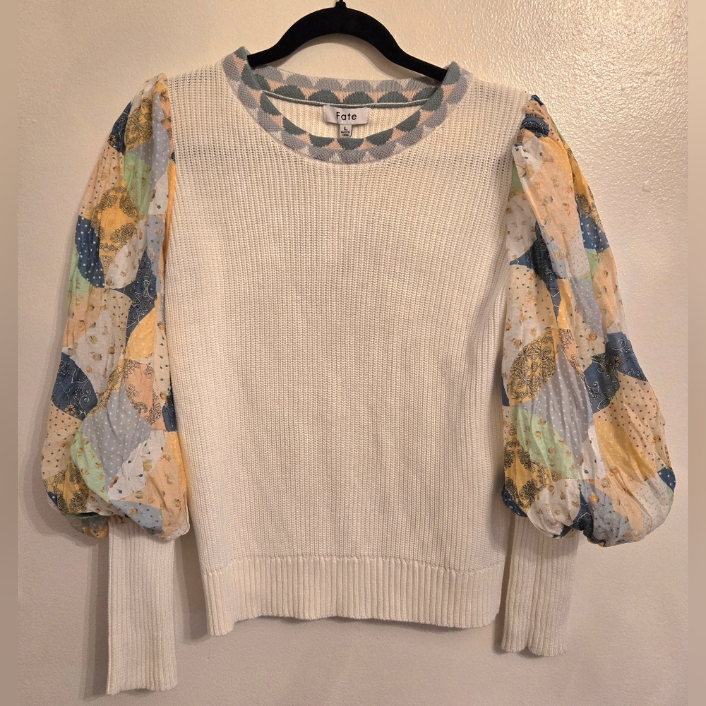 Fate Womens Cream Sweater With Pastel Patchwork Puff Sleeves Large NWT